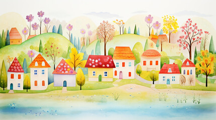Villages and spring scenes and flowers, Cartoon drawing, Water color style, AI Generated