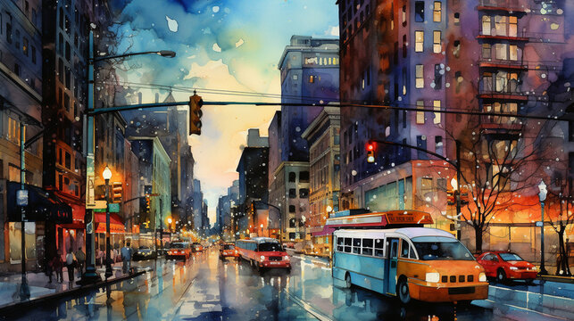 Vibrant Watercolor Cityscape at Twilight, Lively and colorful watercolor depiction of cityscape at twilight capturing the energy of city life, AI Generated