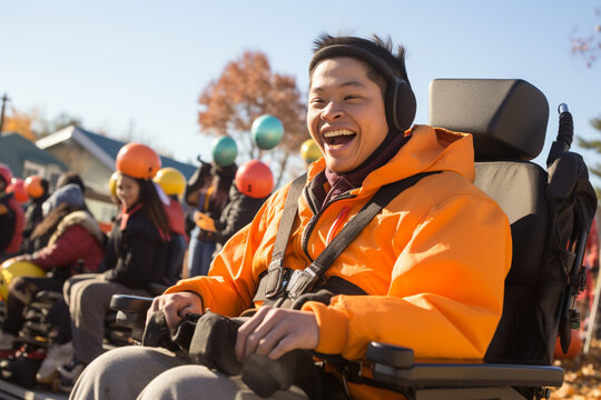 A volunteer helping individuals with disabilities engage in recreational activities, fostering inclusivity and joy.