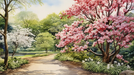 Watercolor Botanical Garden Tour, Peaceful stroll through botanical garden captured in watercolors, perfect for gardeners, Nature lovers, AI Generated