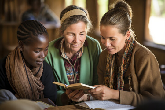Volunteers participating in a literacy program, helping adults improve their reading and writing skills.
