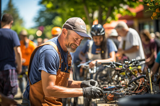 Volunteers participating in a community bike repair event, promoting sustainable transportation options.