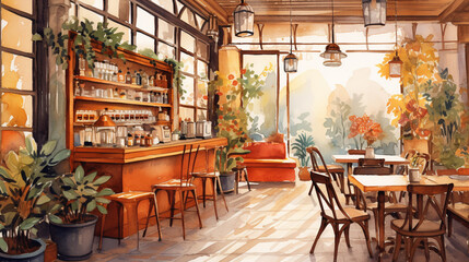 Cozy Cafe Interior, Cozy cafe interior illustrated in warm watercolor tones, Perfect for cafe menu covers or food blog headers, AI Generated - obrazy, fototapety, plakaty