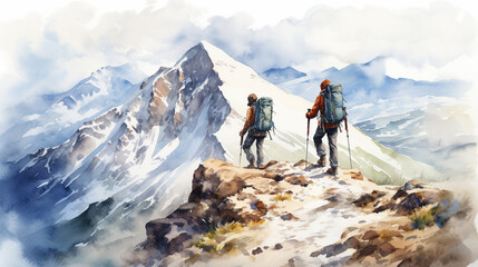 Mountain Expedition, Adventurous mountain expedition scene in watercolors suitable for adventure travel brochures, Motivational posters, AI Generated - obrazy, fototapety, plakaty