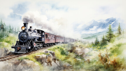 Fototapeta na wymiar Watercolor Vintage Train Journey A nostalgic watercolor depiction of a vintage train journey through scenic landscapes, AI Generated