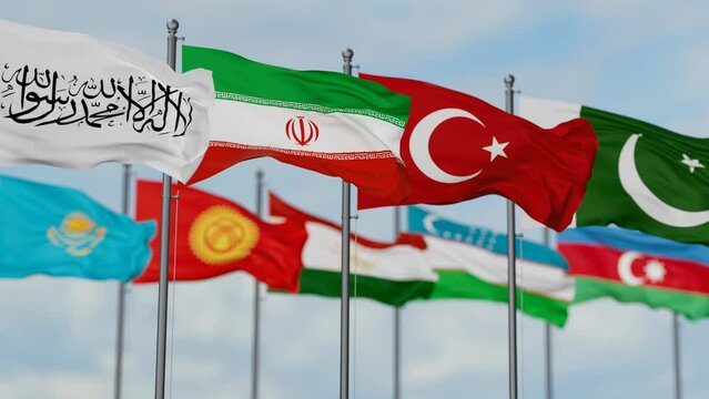 Economic Cooperation Organization country flags waving together on cloudy sky, endless seamless loop video