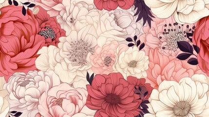  a close up of a bunch of flowers on a white and pink background with lots of red and white flowers.