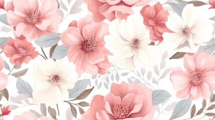  a white and pink floral wallpaper with lots of pink and white flowers on the side of a white wall.