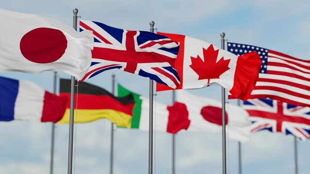 Group of Seven or Big Seven, intergovernmental political forum illustration, G7 Country members flags, endless looped video