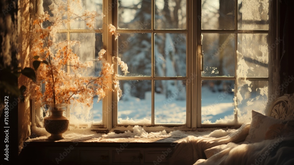 Poster a window with snow outside of it and a vase with a plant on the window sill in front of it.