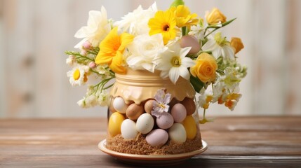  a vase filled with flowers and eggs on top of a wooden table with white and yellow flowers in the background.
