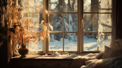  a window with snow outside of it and a vase with a plant on the window sill in front of it.
