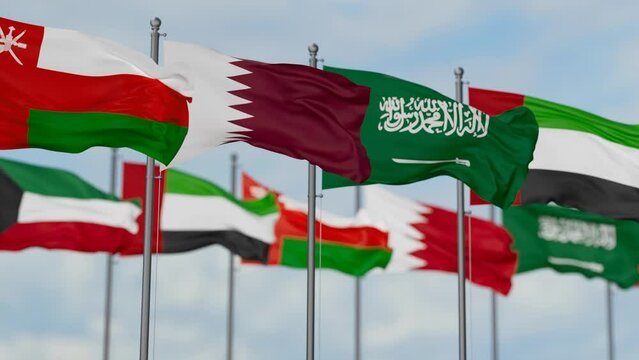 Gulf Cooperation Council or GCC flags waving together on cloudy sky, endless seamless loop