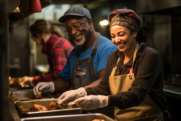 Volunteers working in a soup kitchen, preparing and serving meals to those experiencing homelessness.