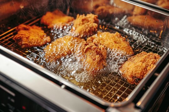 Fried chicken is being fried in the oil of the fryer