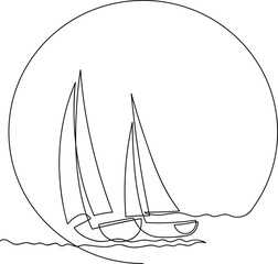 Yachts on sea waves. Seagull in the sky. Continuous line  drawing illustration. Isolated on white background