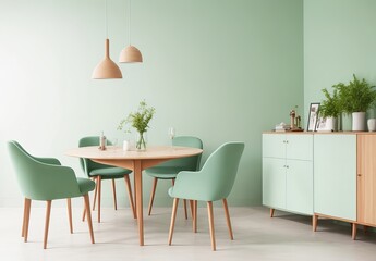 Mint color chairs at round wooden dining table in dining room with cabinet near green wall....
