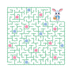 Vector illustration. Puzzle game. Help the Bunny pick flowers and get out of the maze. Game for children.