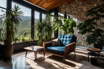 Blue sofa and table in the room with the view of mountain.