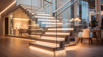 A chic, light-hued wooden staircase with transparent glass railings, subtly lit by discreet LED...