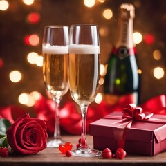 Background of Valentines day celebration with champagne, rose, heart shaped present and red candies.