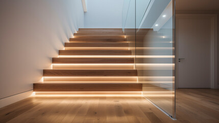 A chic, light-hued wooden staircase with frameless glass railings, softly illuminated by LED lighting under the handrails, in a modern, well-designed house.