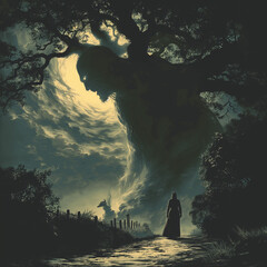 Obraz na płótnie Canvas giant tree-men in the background, mythical world, demon hunter