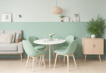 Mint color chairs at round wooden dining table in dining room with cabinet near green wall. Scandinavian, mid-century home interior design of modern living room.
