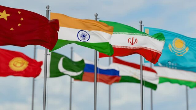 SCO Shanghai Cooperation Organisation flags waving together on cloudy sky, endless seamless loop