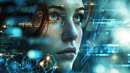 The dynamic expressions on a woman's face in a cybernetic reality