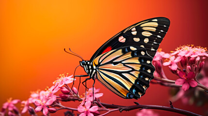 Obraz premium A stunning moment in the natural world, with a monarch butterfly enhancing the beauty of a flower in full bloom