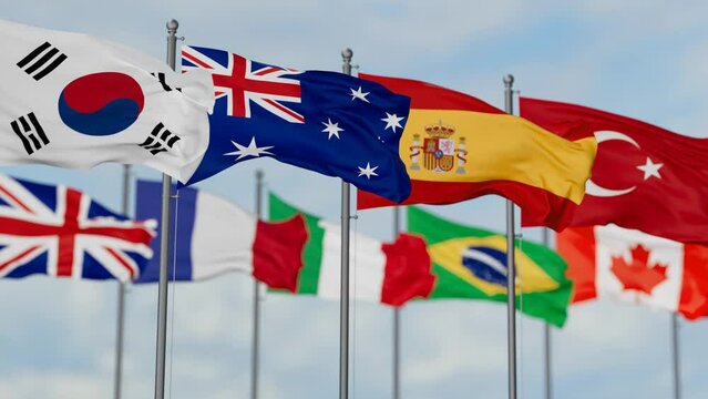 United Nations UN countries flags waving together on cloudy sky, endless seamless loop