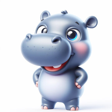 3D baby hippo funny cartoon on white background. AI generated