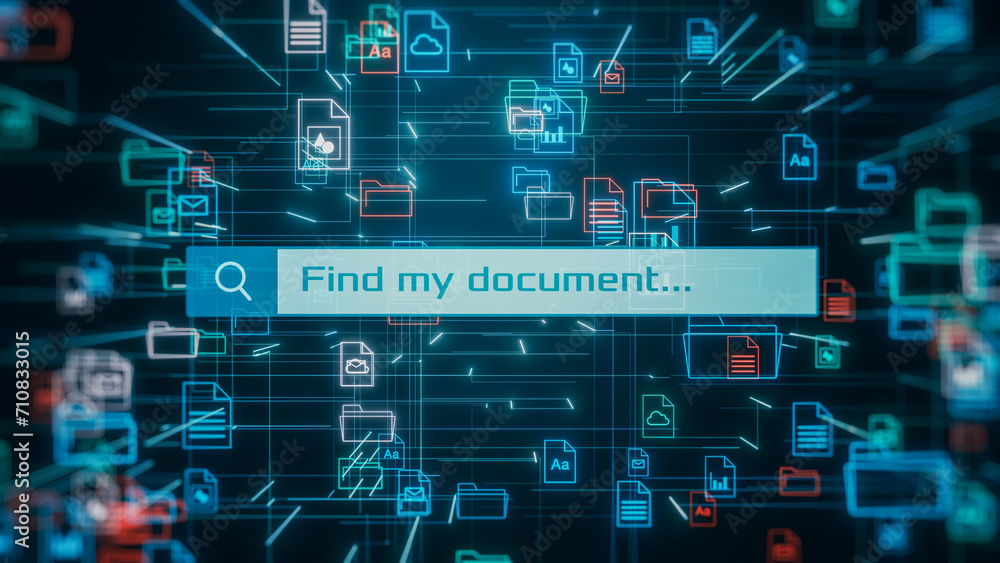 Poster document management system, abstract grid with file and folder icons, search bar, concept of digital
