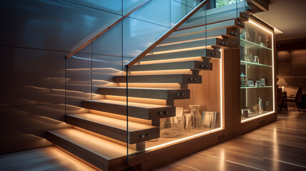 A chic, wooden staircase with clear glass sides, subtly lit by LED strips beneath the handrails, in...
