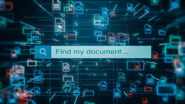 document management system, abstract grid with file and folder icons, search bar, concept of digital data organization (3d render)