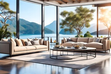 Obraz premium luxury hotel room with the view of the mountains and sea.