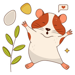 A cute orange and white hamster stretches and yawns, a twig with leaves, a corn grain, a pumpkin seed, SMS. Isolated on a white background.