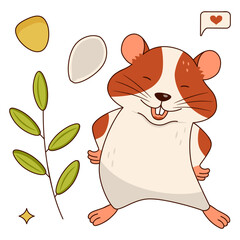 Cute orange and white hamster laughing, twig with leaves, corn grain, pumpkin seed, sms. Isolated on a white background.