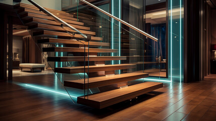 A chic, wooden staircase with clear glass sides, subtly lit by LED strips beneath the handrails, in...