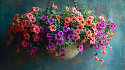 A cascading arrangement of trailing petunias spilling over the edges of a beautifully glazed ceramic hanging pot, the vibrant colors and playful arrangement evoking a sense of natu - obrazy, fototapety, plakaty