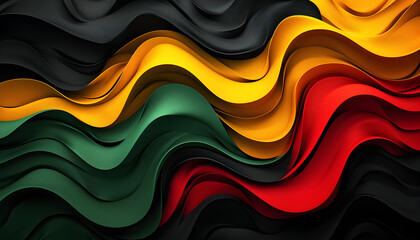 Vibrant and colorful clean cut waves layered with green, yellow, red, and black, representing a concept for Black History Month. Suitable for posters and designs. - obrazy, fototapety, plakaty