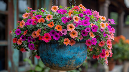 A cascading arrangement of trailing petunias spilling over the edges of a beautifully glazed ceramic hanging pot, the vibrant colors and playful arrangement evoking a sense of natu