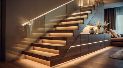 A chic, wooden staircase with frameless glass sides, under-handrail LED lighting creating a warm ambiance in a fashionable house.