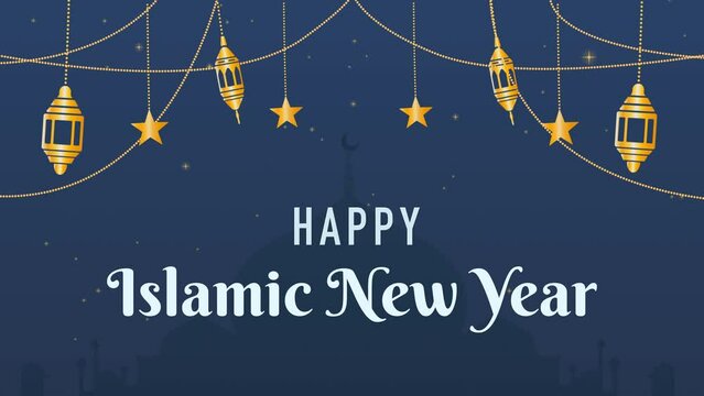 Happy Islamic new year animation text for bumper opening videos for Muslim celebrations, Ornamental Design, Hanging lantern and stars. Looping video for Isra' and Mi'raj
