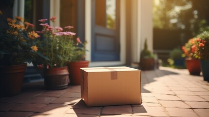 Cardboard box in front of a front door - obrazy, fototapety, plakaty