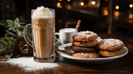 Transparent glass mug filled with layers of coffee and milk  with rustic table setting