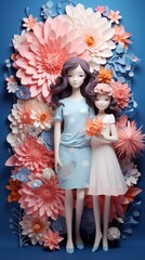 Fototapeta premium Mother's Day in paper cut design. Young mother and daughter like a doll. Happy Mother's day. mother and her cute child decorated paper cut flowers wall frames. Modern botanical sculpture