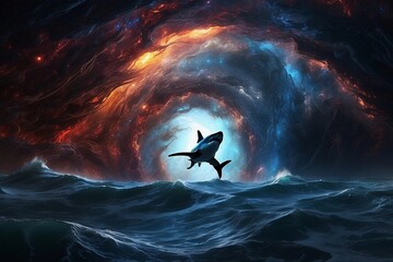 Ilustración de un portal energético en el mar con un tiburón flotando  formación de galaxias, big bag, 