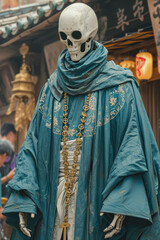 Naklejka premium A Vietnamese monk robot Nirmata immersed in a vibrant fusion of cultures. The background is the bustling cityscape of Tokyo, showcasing neon lights and a mix of traditional and modern architecture.